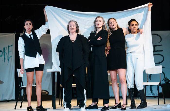 Anjli Mohindra, Deborah Findlay, Gina McKee, Romola Garai and Harmony Rose-Bremner in The Years at the Harold Pinter Theatre, London. Photo: Helen Murray