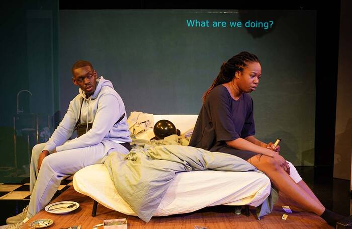 Ivan Oyik and Evlyne Oyedokun in ...blackbird hour at Bush Theatre, London. Photo: Seye Isikalu