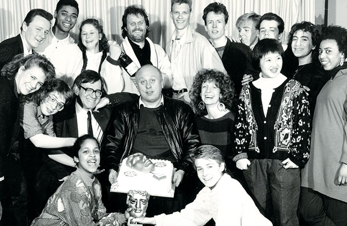 Peter Murphy (centre) celebrates the BAFTA win for Your Mother Wouldn&rsquo;t Like It in 1987