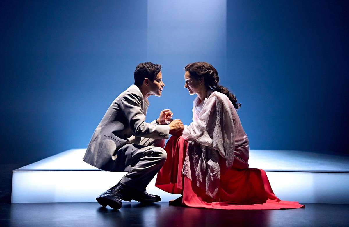 Rami Malek and Indira Varma in Oedipus at the Old Vic Theatre, London. Photo: Manuel Harlan Rami Malek and Indira Varma in Oedipus at the Old Vic Theatre, London. Photo: Manuel Harlan