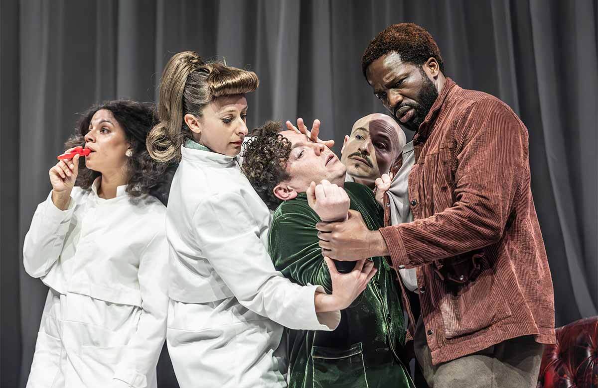 Anoushka Lucas, Sophie Steer, Joshua McGuire, John Biddle and Ṣọpẹ́ Dìrísù in Rhinoceros at the Almeida Theatre, London. Photo: Marc Brenner