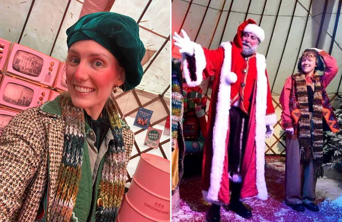 Alice Way in costume and Santa on set for Christmas-Shire at the ACC Liverpool (2024). Photos: Shea McGinn