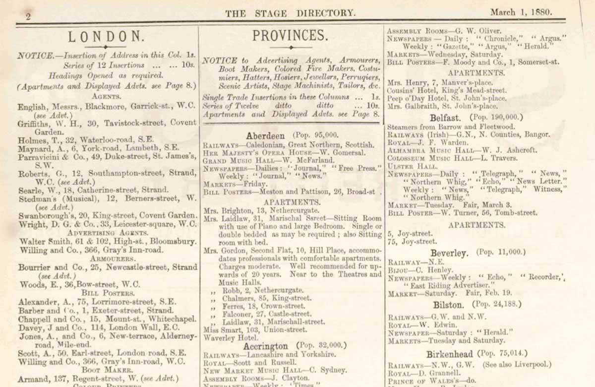 From The Stage, March 1, 1880 – this publication was at that time "a paper built to serve a mobile profession", says Alistair Smith From The Stage, March 1, 1880 – this publication was at that time "a paper built to serve a mobile profession", says Alistair Smith