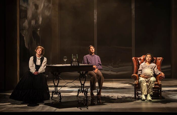Phoebe Thomas, Nina Singh and Rosie Dwyer in The Beautiful Future Is Coming at Bristol Old Vic. Photo: Ellie Kurttz Phoebe Thomas, Nina Singh and Rosie Dwyer in The Beautiful Future Is Coming at Bristol Old Vic. Photo: Ellie Kurttz