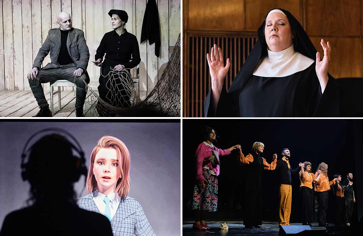 Theatertreffen2025: (clockwise from top left) Se&ntilde;ora Carrar&rsquo;s Rifles/Choking Lead, Sancta, Our German Fairytale, [EOL]. End of Life. Photos: Sandra Then, Fabian Schellhorn