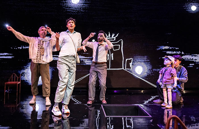Ian Hallard, Nina Bowers, Hari MacKinnon and Hiroki Berrecloth in Our Cosmic Dust at Park Theare, London. Photo: Pamela Raith Ian Hallard, Nina Bowers, Hari MacKinnon and Hiroki Berrecloth in Our Cosmic Dust at Park Theare, London. Photo: Pamela Raith