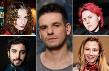 Clockwise from top left: Lisaboa Houbrechts, Łukasz Twarkowski, Fritzi Wartenberg, Nina Rajić Kranjac and Mario Banushi. Photos: Yaqine Hamzaoui/Kris Ćwik/Moritz Haase/Ivian Kan Mujezinović/Andreas Simopoulos for Onassis Stegi