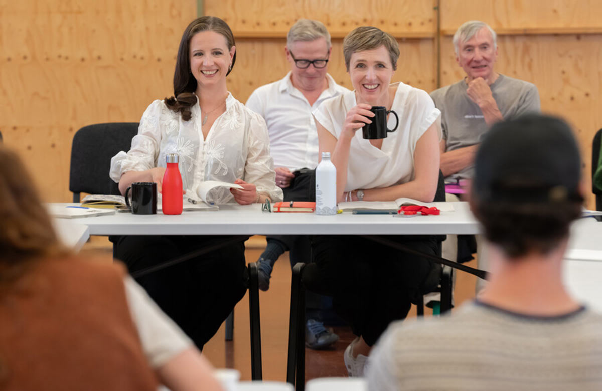 Tamara Harvey (third from left) and cast members of The Constant Wife in rehearsal, ahead of show at the Swan Theatre, Stratford-upon-Avon. Photo: Johan Persson