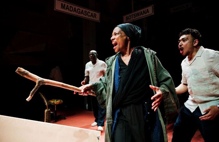 Usifu Jalloh, Suzette Llewellyn, and Adil Hassan in 54.60 Africa at Arcola Theatre, London. Photo: Alex Brenner