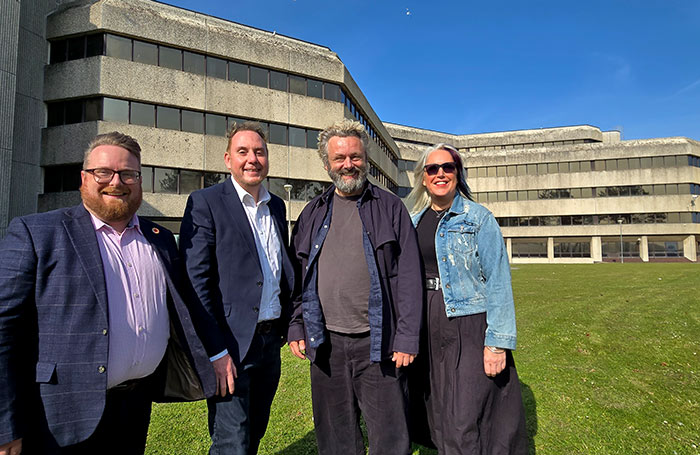 Swansea Council's Elliott King and Rob Stewart with Michael Sheen and Sharon Gilburd