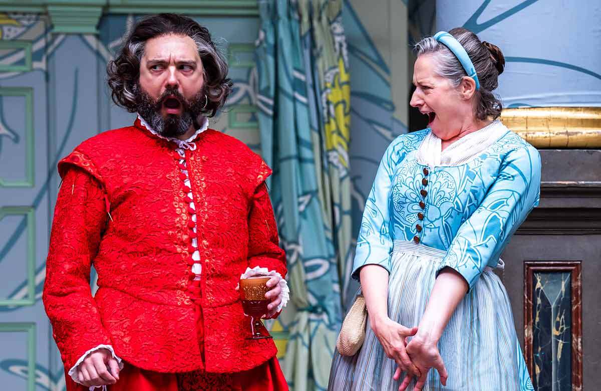 George Fouracres and Sophie Russell in Merry Wives of Windsor at the Globe Theatre, Shakespeare's Globe, London. Photo: Tristram Kenton