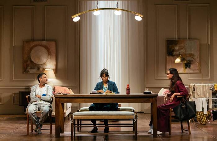 Adeel Akhtar, Thusitha Jayasundera and Shelley Conn in The Estate at the Dorfman Theatre, National Theatre, London. Photo: Helen Murray