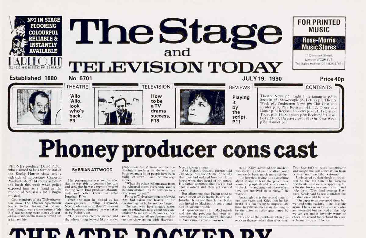 Clipping from the cover of The Stage, July 19, 1990 Clipping from the cover of The Stage, July 19, 1990