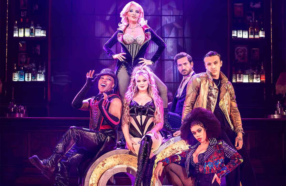 Todrick Hall, Orfeh, Jess Folley, George Maguire, Paul Jacob French and Asha Parker Wallace in Burlesque at the Savoy Theatre, London. Photo: Pamela Raith