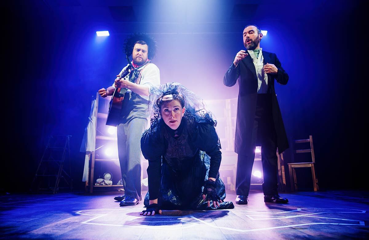 David Leopold, Sasha Wilson and Lawrence Boothman in Bury the Hatchet at Pleasance Dome, Edinburgh. Photo: Alex Brenner David Leopold, Sasha Wilson and Lawrence Boothman in Bury the Hatchet at Pleasance Dome, Edinburgh. Photo: Alex Brenner