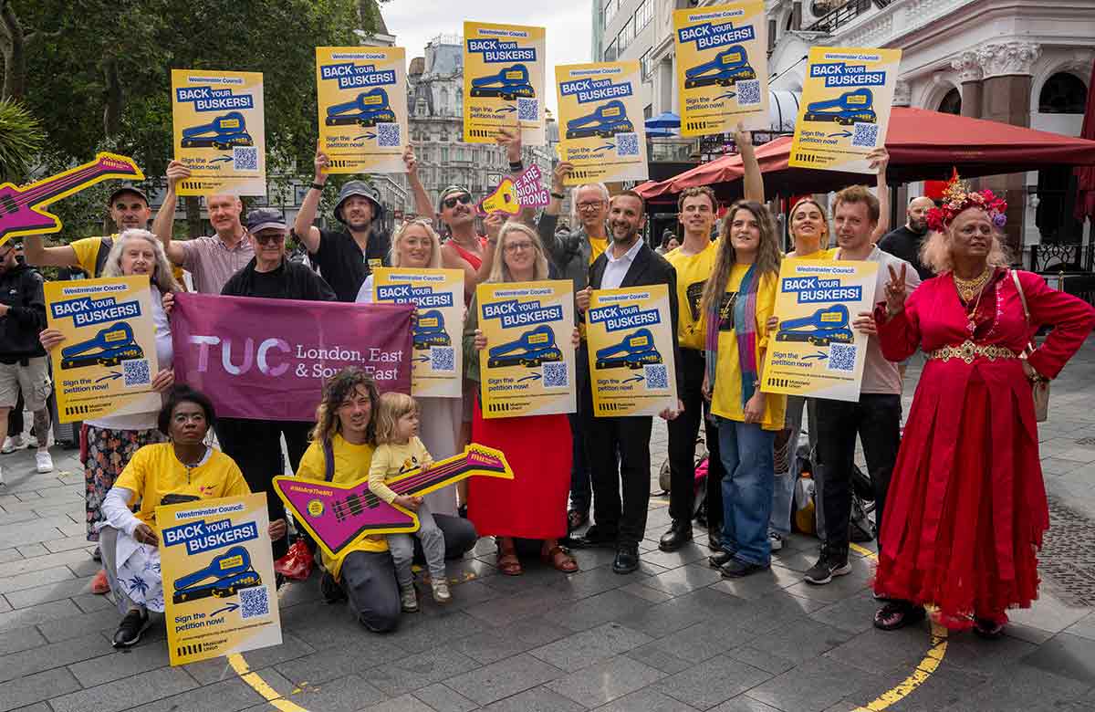 Buskers, musicians, street performers and London Assembly members in Leicester Square on August 7, 2025. Photo: Jeff Moore/PA Media Assignments