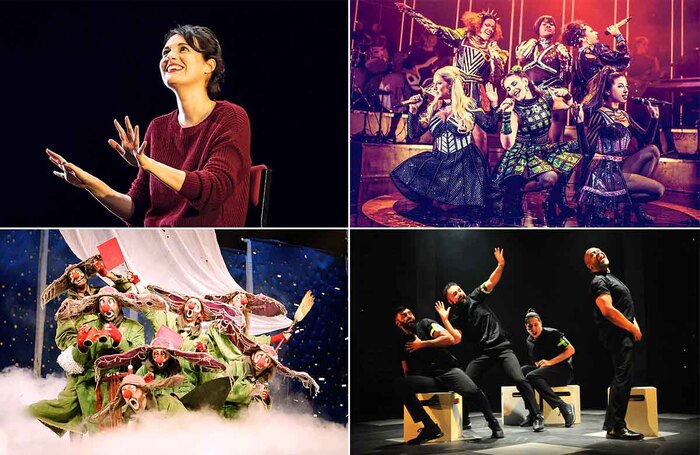 Clockwise from top-left: Phoebe Waller-Bridge in Fleabag at Wyndham's Theatre (2019); the West End cast of Six (2018); the cast of Bouncers at the Royal Court, Liverpool (2018); a scene from Slava's Snowshow. Photos: Matt Humphrey/Idil Sukan/Zanto Digital/Veronique Vial Clockwise from top-left: Phoebe Waller-Bridge in Fleabag at Wyndham's Theatre (2019); the West End cast of Six (2018); the cast of Bouncers at the Royal Court, Liverpool (2018); a scene from Slava's Snowshow. Photos: Matt Humphrey/Idil Sukan/Zanto Digital/Veronique Vial