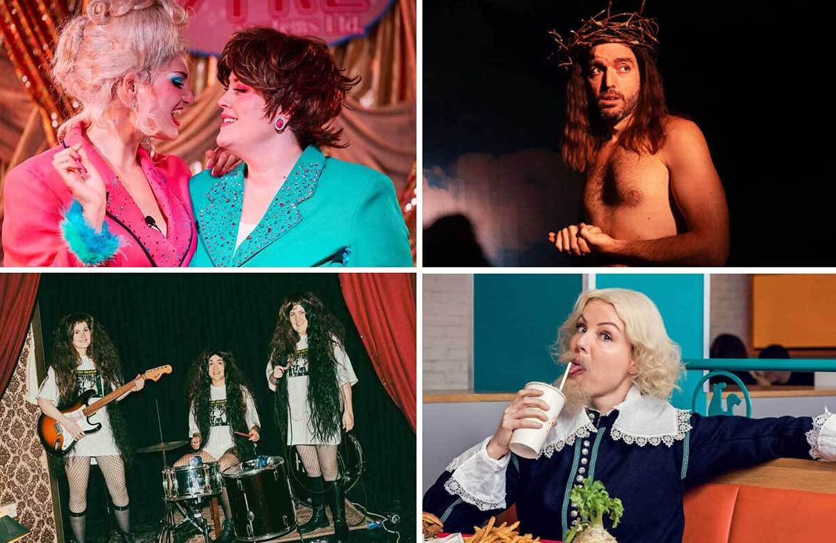 Clockwise from top left: DYKE Systems Ltd (photo: Andrew Perry); Jeezus! (photo: Charlie Flint); Trouble, Struggle, Bubble and Squeak (photo: Matt Stronge); PHILOSOPHY OF THE WORLD (photo: FOTMETRO/Rona Bar/Ofek Avshalom)