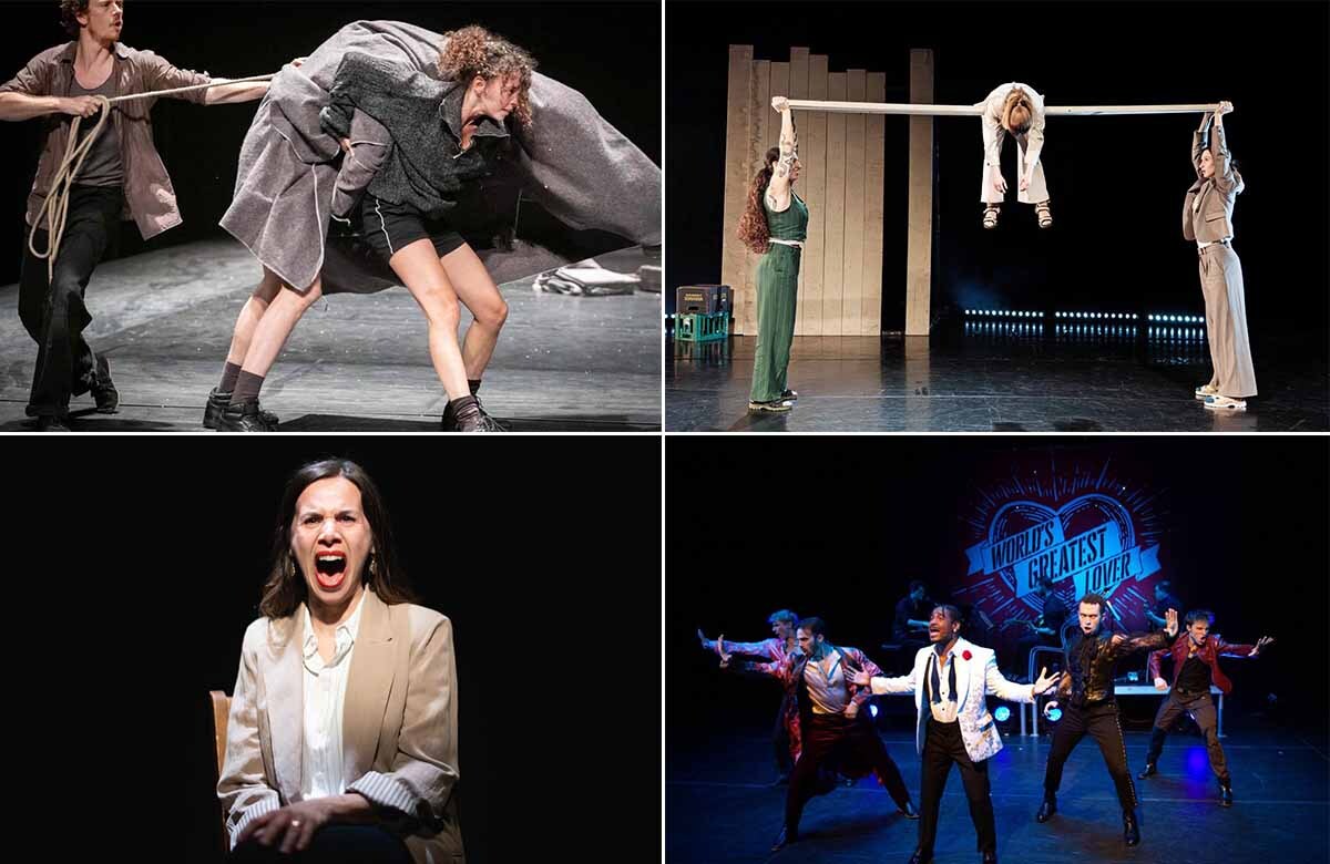 Clockwise from top-left: Works and Days at the Royal Lyceum Theatre (part of EIF); Women in Socks and Sandals at Zoo Southside; World's Greatest Lover at Pleasance One; Red Like Fruit at Traverse 2. Photos: Kurt Van der Elst/Riley Smith