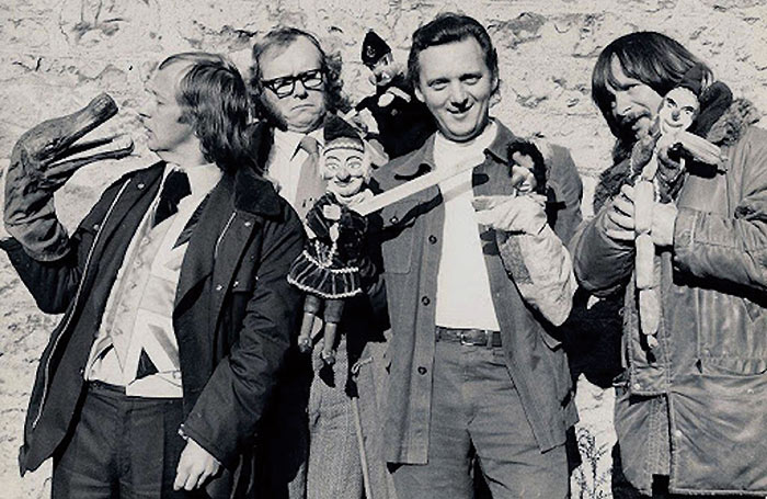 John Styles (second from right) with The Goodies (Tim Brooke-Taylor, Graeme Garden and Bill Oddie), 1975