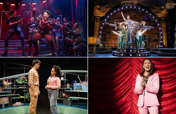 Clockwise from top-left: The national touring company of Six; the company of How to Win Against History; Laura Benanti in Nobody Cares; Tobias Turley and Danielle Steers in Hot Mess. Photos: Joan Marcus/Pamela Raith/Avery Brunkus/Mark Senior