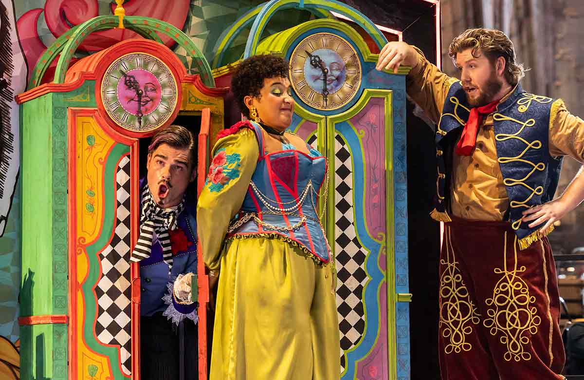 Edward Jowle, Lea Shaw and Daniel Barrett in L'Heure Espagnole at St Mary&rsquo;s Church. Photo: Sally Jubb