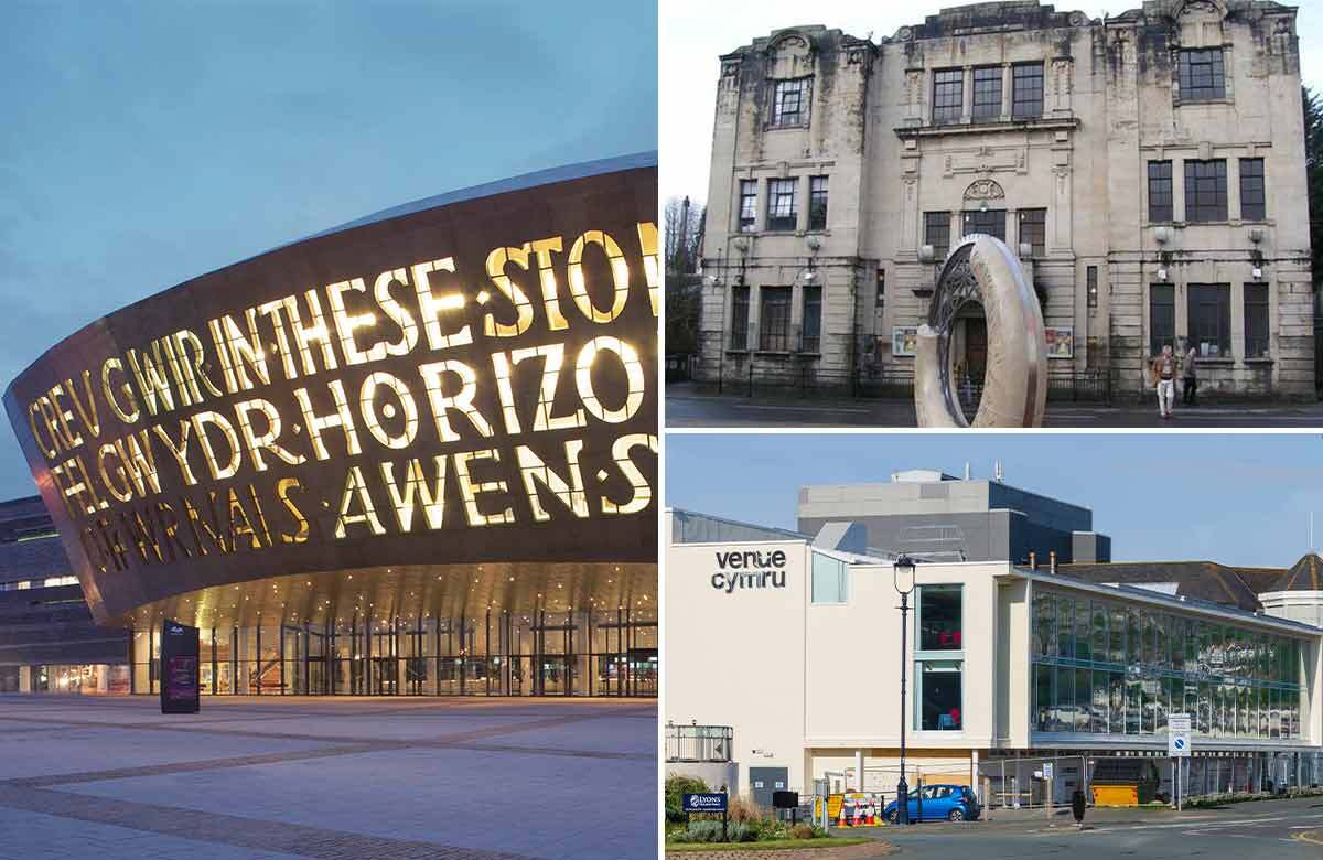 Wales Millennium Centre, the Blackwood Miners' Institute and Venue Cymru. Photos: Shutterstock/Andy Dolman/Blackwood Miners' Institute/Wikimedia Commons