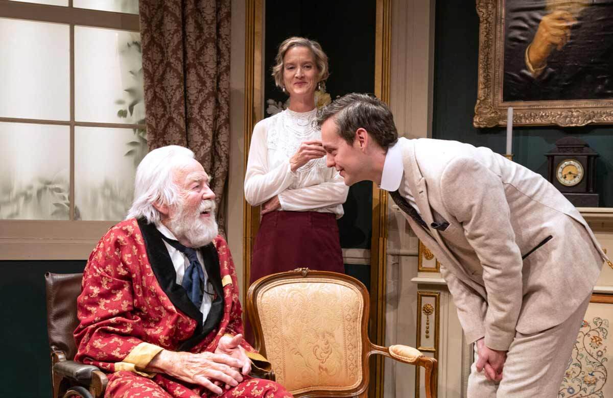 William Gaunt Catherine Cusack and George Rowlands in The Truth About Blayds at Finborough London William Gaunt Catherine Cusack and George Rowlands in The Truth About Blayds at Finborough London