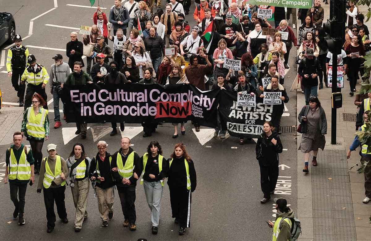 Culture workers walking from the Royal Opera House to Downing Street to protest against &lsquo;arts institutions complicity in Israel's genocide of Palestine&rsquo;. Photo: Tarun Lyer