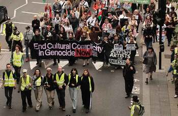 Artists march to Downing Street urging the industry to ‘stand with Palestine’