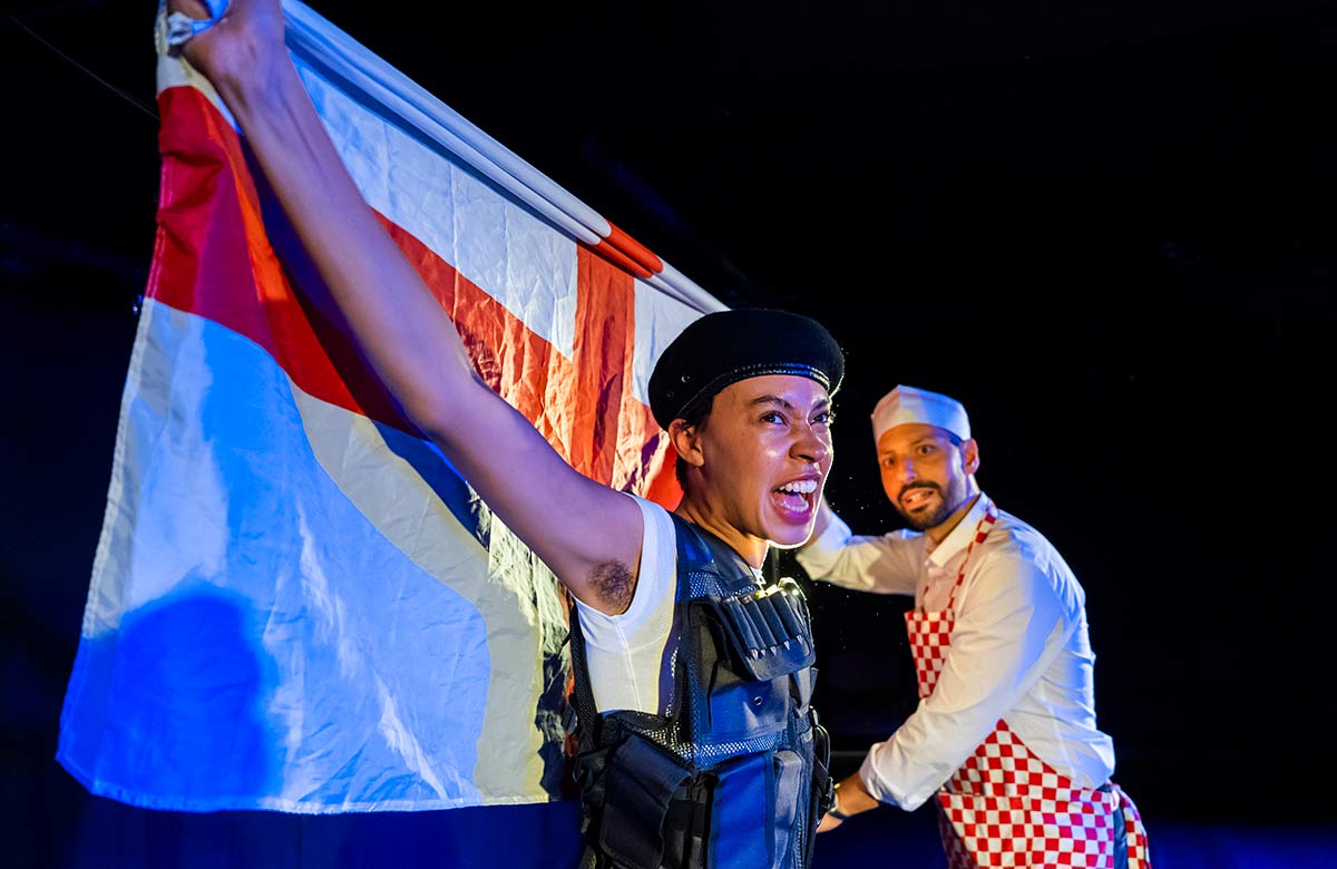 Nina Bowers and Philip Arditti in English Kings Killing Foreigners at Soho Theatre, London. Photo: Tristram Kenton