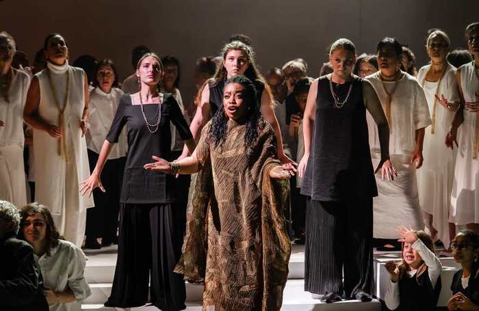 Francesca Chiejina (centre) and the cast of Iphigenia in Tauris at Blackheath Halls, London. Photo: Julian Guidera