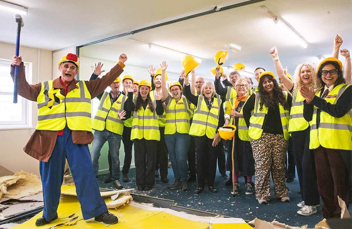 Tweedy the Clown knocking down walls to launch Everyman Theatres 1 million Grove Street appeal. Photo: Still Moving Media