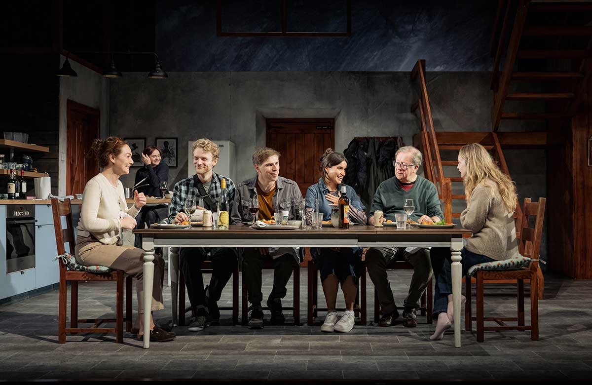 Aisl&iacute;n McGuckin, Kate Gilmore, Leonard Buckley, Peter Corboy, Simone Collins, Stephen Brennan and Catherine Walker in Reunion at the Kiln Theatre, London (2025). Photo: Mark Senior