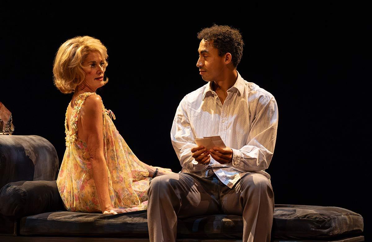 Tamzin Outhwaite and Jordan Stephens in Entertaining Mr Sloane at the Young Vic, London (2025). Photo: Ellie Kurttz