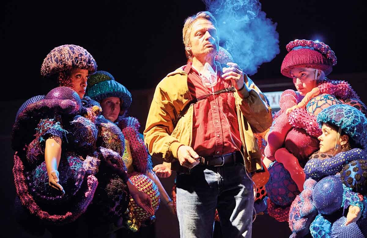 Hal Fowler (centre) and the cast of A Pacifist's Guide to the War on Cancer at the National Theatre, London (2016). Photo: Mark Douet
