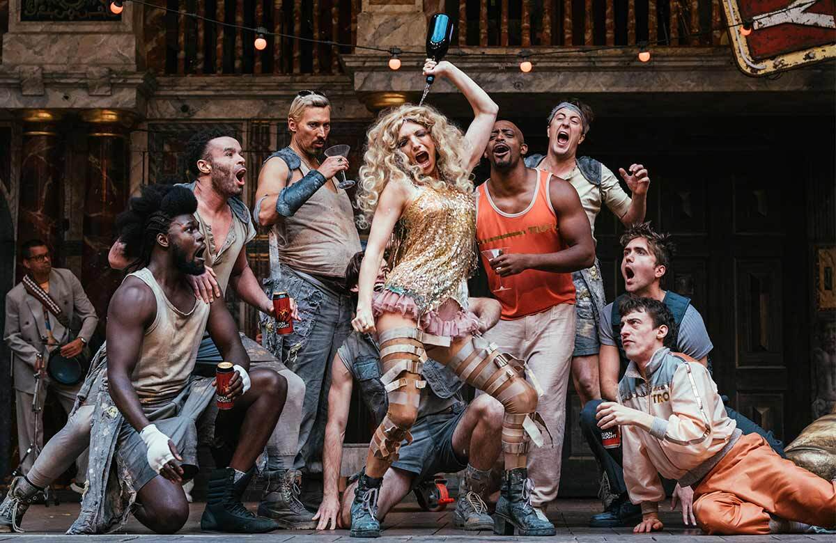 Lucy McCormick (centre) and the cast in Troilus and Cressida at Shakespeare's Globe, London. Photo: Helen Murray