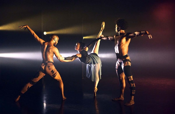 Bhungane Mehlomakulu, Megan Chiu and Elijah Peterkin in Creatures, as part of Royal Ballet: Black History Month Draft Works at Clore Studio, Royal Opera House, London. Photo: Ian Hippolyte