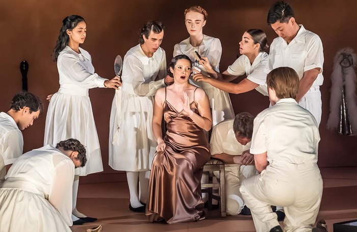 Mireille Asselin (centre) and the cast of Giustino at Linbury Theatre, Royal Opera House, London. Photo: Marc Brenner