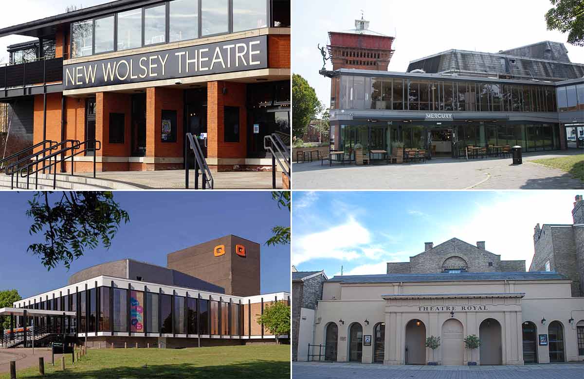 Clockwise from top left: New Wolsey, Ipswich, Mercury Colchester Theatre, Theatre Royal Bury St Edmunds, Queen's Theatre Hornchurch. Photo: Sue Lawther-Brown (New Wolsey)/Shutterstock/ Chris Redgrave/Historic England Archive (Queen's Theatre )