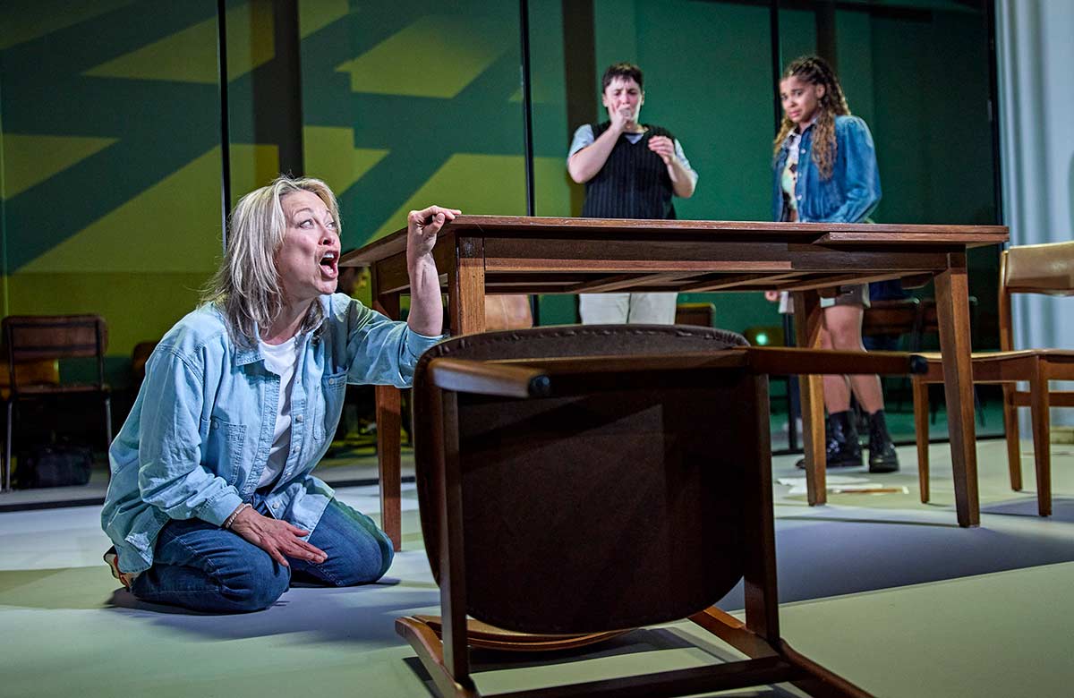 Nicola Walker, Alby Baldwin and Isabel Adomakoh Young in The Unbelievers at the Jerwood Theatre Downstairs, Royal Court Theatre, London. Photo: Brinkhoff Moegenburg
