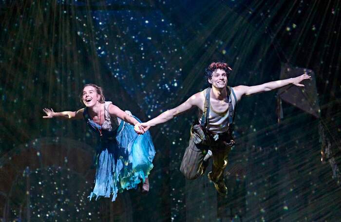 Hannah Saxby and Daniel Krikler in Wendy & Peter Pan at the Barbican, London. Photo: Manuel Harlan Hannah Saxby and Daniel Krikler in Wendy & Peter Pan at the Barbican, London. Photo: Manuel Harlan