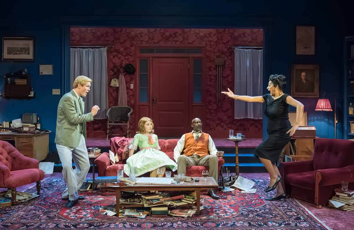L-R: George Kemp, Tilly Steele, Patrick Robinson and Cathy Tyson in Who's Afraid of Virginia Woolf at Curve Theatre, Leicester. Photo: Marc Brenner