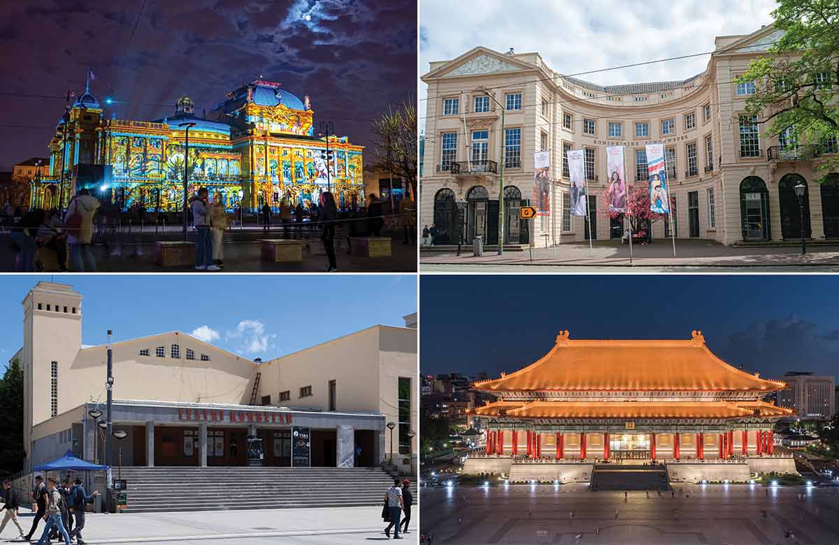 Clockwise from top left: the Croatian National Theatre in Zagreb, during the city’s annual festival of lights; the Royal Theater in The Hague, Netherlands; the National Theater Hall in Taipei, Taiwan; the National Theatre in Pristina, Kosovo. Photo: Shutt Clockwise from top left: the Croatian National Theatre in Zagreb, during the city’s annual festival of lights; the Royal Theater in The Hague, Netherlands; the National Theater Hall in Taipei, Taiwan; the National Theatre in Pristina, Kosovo. Photo: Shutt