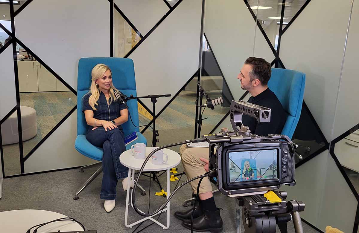 Sophie Isaacs and Chase Demmers recording the first episode of Trafalgar Education's Performing in Life podcast