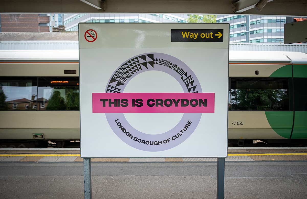 Sign at West Croydon station promoting Croydon as a London Borough of Culture for 2023. Photo: Shutterstock
