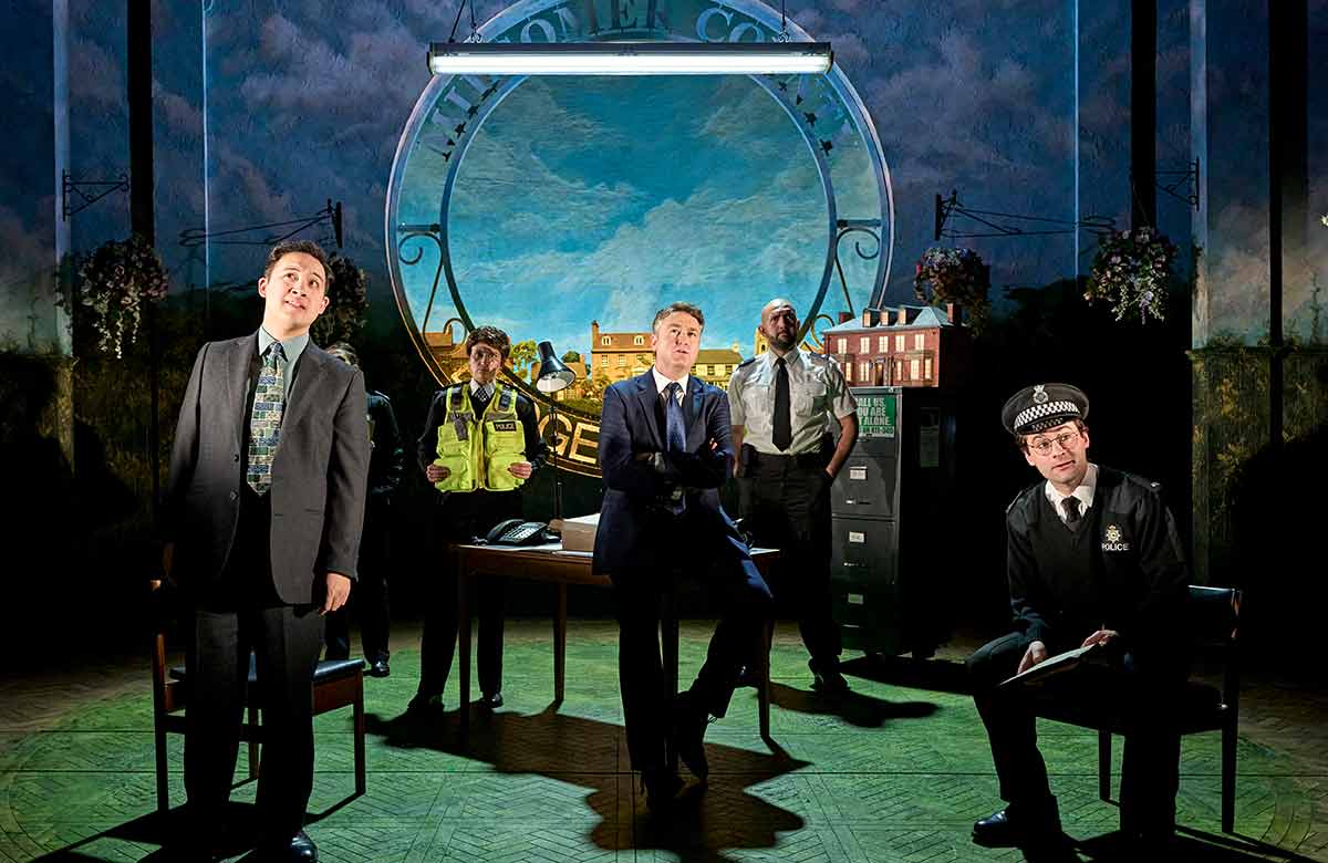 James Bradwell, Nathalie Barclay, Daniel Casey, Chris Agha and Rupert Sadler in Midsomer Murders: The Killings at Badger&rsquo;s Drift at Richmond Theatre, London (2025). Photo: Manuel Harlan