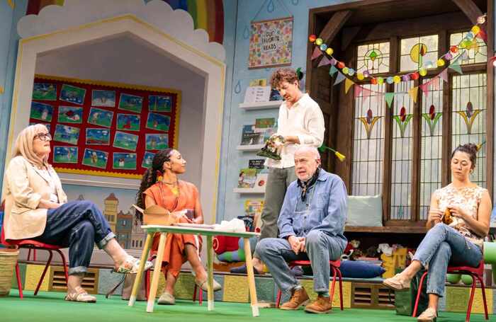 Jenna Russell, Adele James, Matt Gavan, Jonathan Coy and Kirsty Rider in Eureka Day at Nottingham Playhouse, Nottingham. Photo: Pamela Raith Jenna Russell, Adele James, Matt Gavan, Jonathan Coy and Kirsty Rider in Eureka Day at Nottingham Playhouse, Nottingham. Photo: Pamela Raith