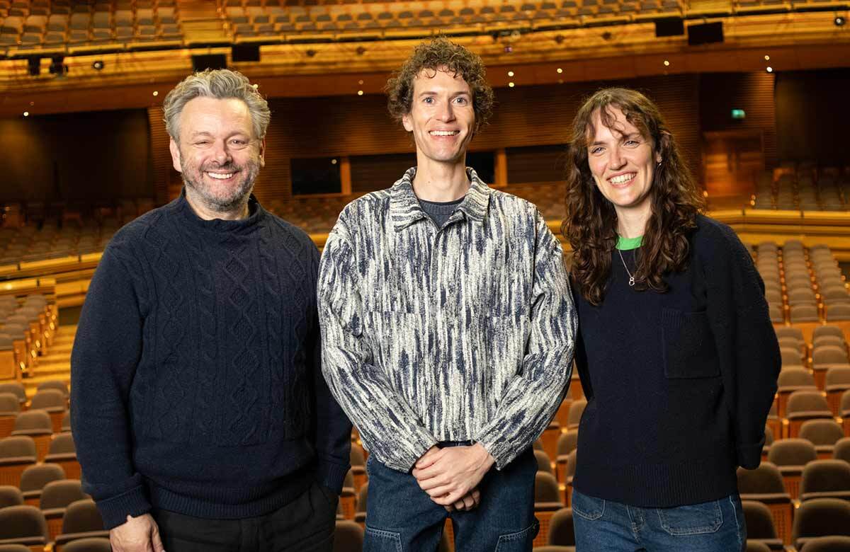 Michael Sheen, Steffan Donnelly and Hannah Noone &ndash; the Owain & Henry creative team. Photo: Jon Pountney