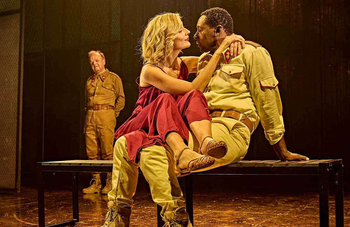 Toby Jones, Caitlin FitzGerald and David Harewood in Othello at Theatre Royal Haymarket, London. Photo: Brinkhoff Moegenburg